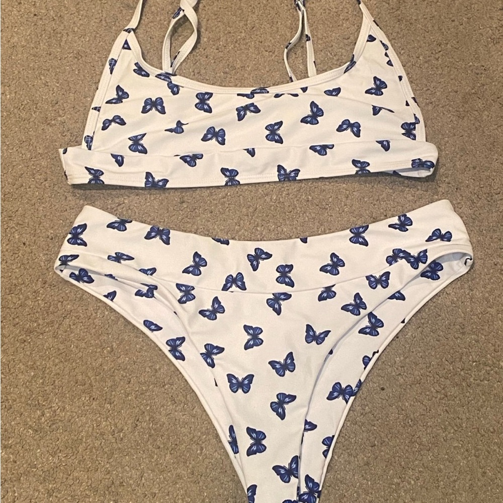SHEIN White and Blue Butterfly Bikini